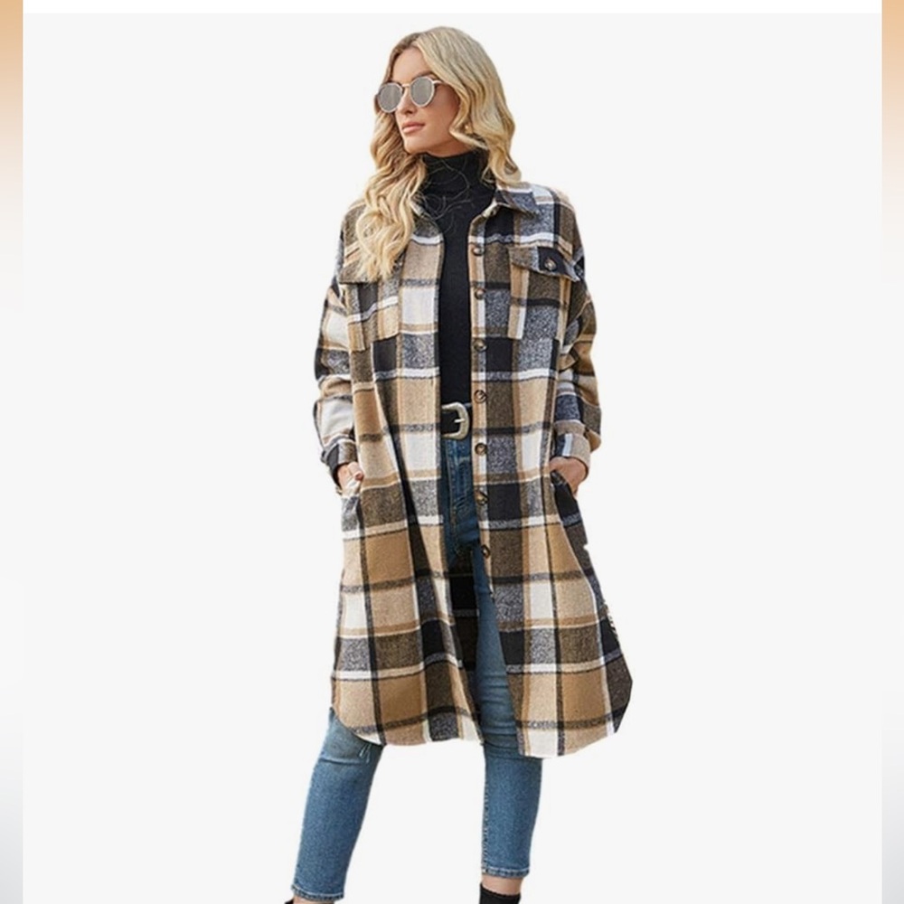PUWEI Brown Plaid Shacket Jacket XXL Long Button Down Shirt Coat New